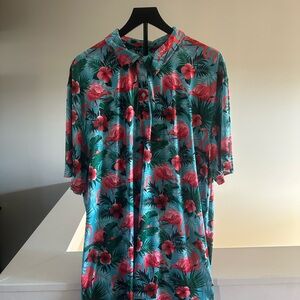 Performance golf polo shirt Tropical Flamingo with Red and Green Accents